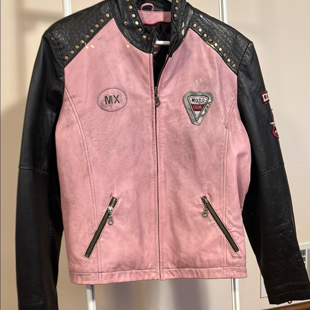 Wilson Leather pink and Black drag race biker jacket Harley Davidson patch - XXL